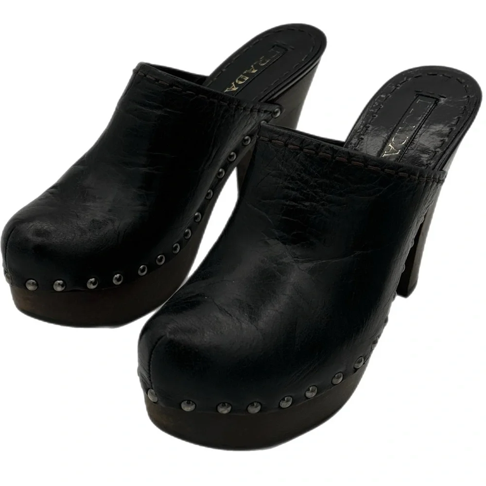 Prada Black Leather Mules with Distressed Wooden Heel – Size 39 EU - Picture 4 of 13